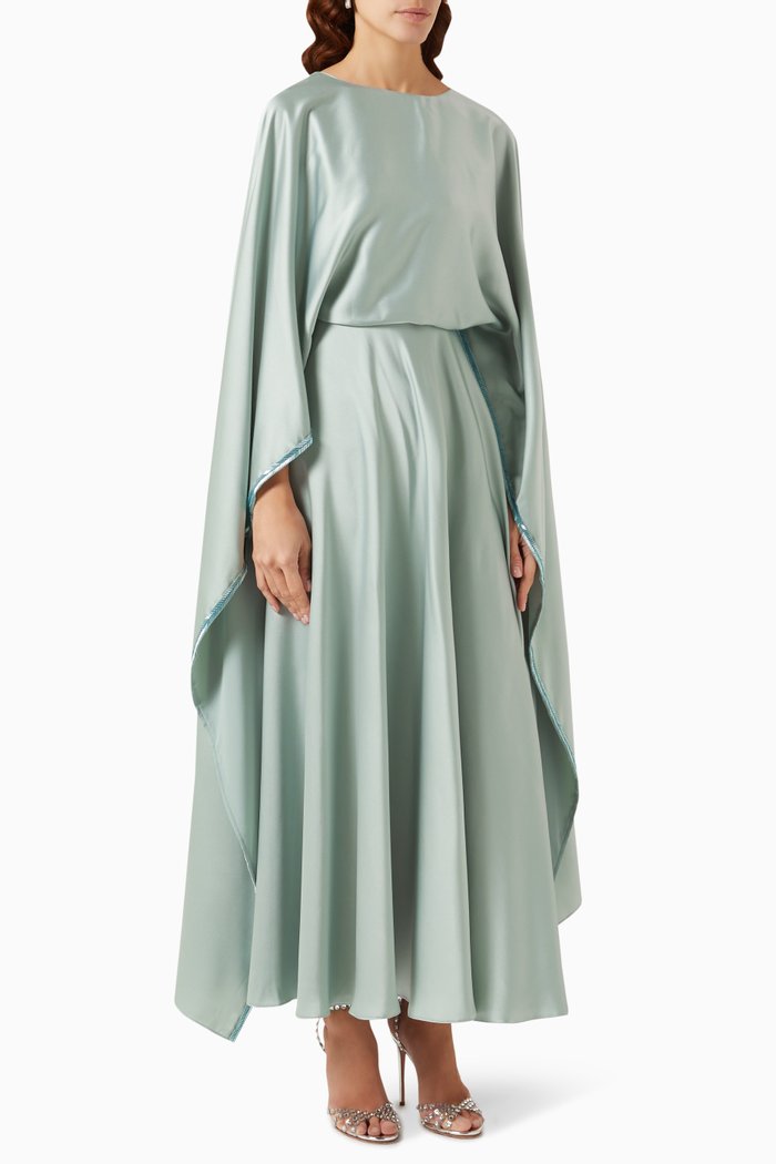 

Cape-sleeve Maxi Dress in Satin, Silver