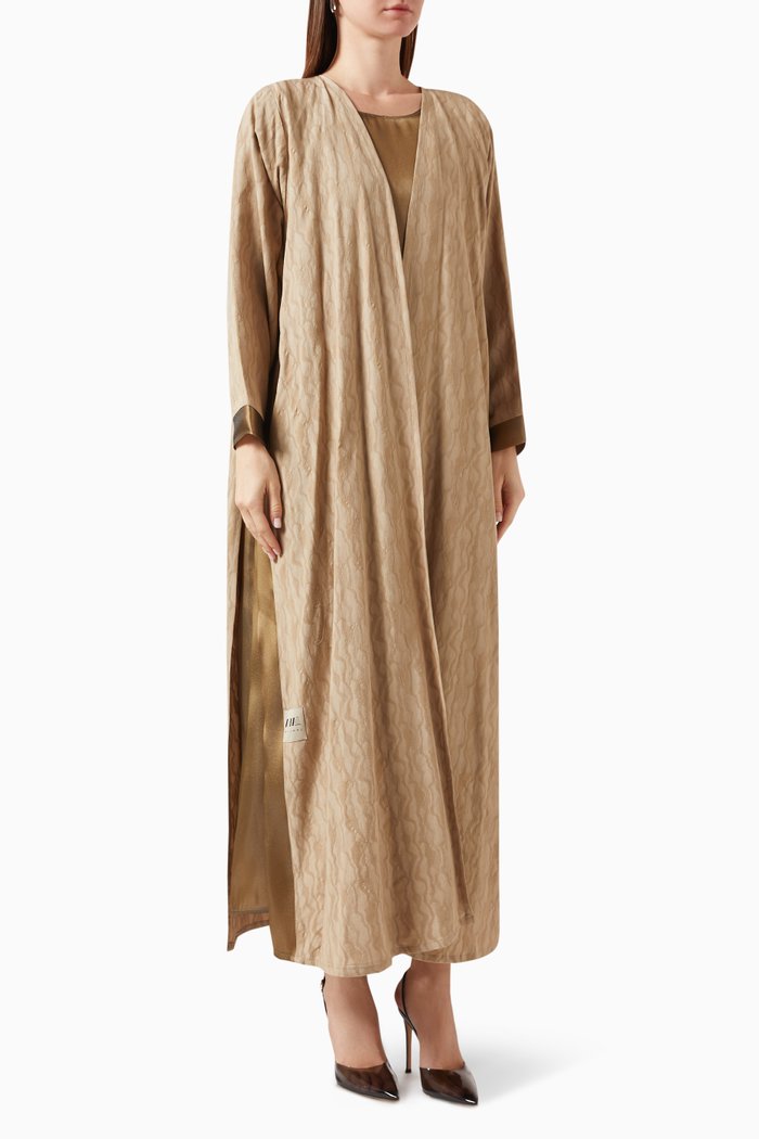 

Textured Cracks Abaya Set in Linen & Organza, Neutral