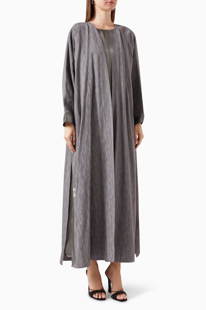 

Textured Cracks Abaya Set in Linen & Organza, Grey