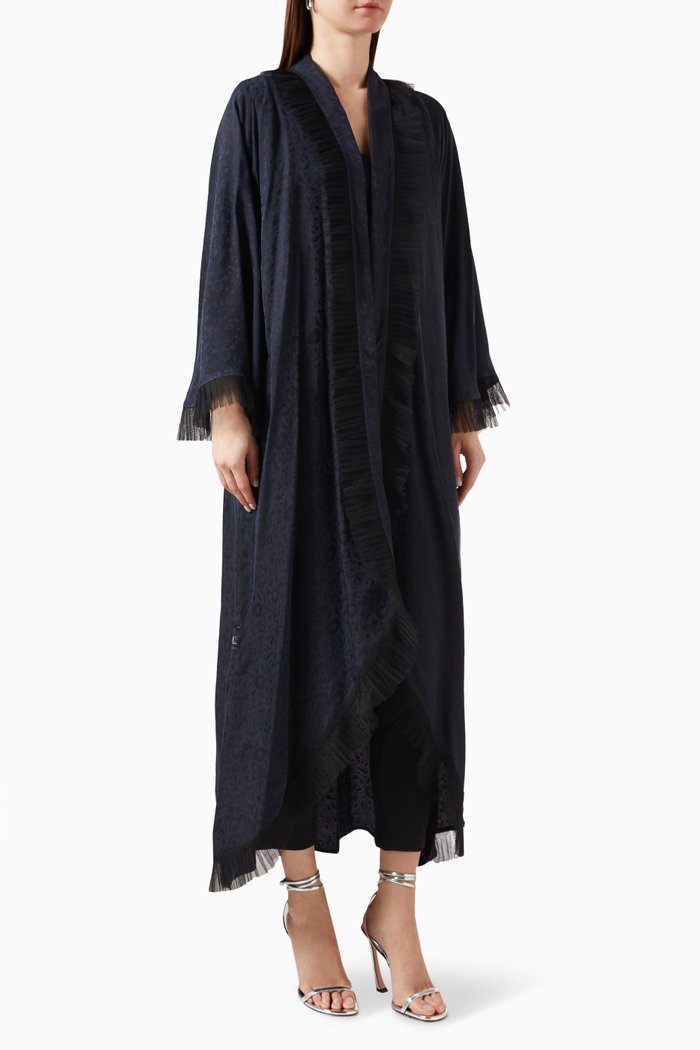 Floral Stitched Abaya in Cupro, Blue