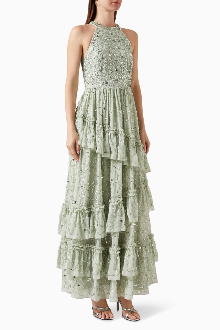

Embellished Halterneck Ruffle Maxi Dress, Green
