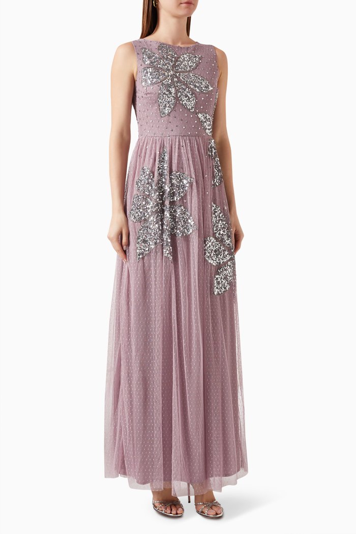 

Floral-embroidered Maxi Dress in Dotted Mesh, Purple