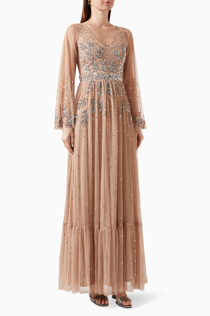 

Leaf-embellished Maxi Dress in Tulle, Neutral