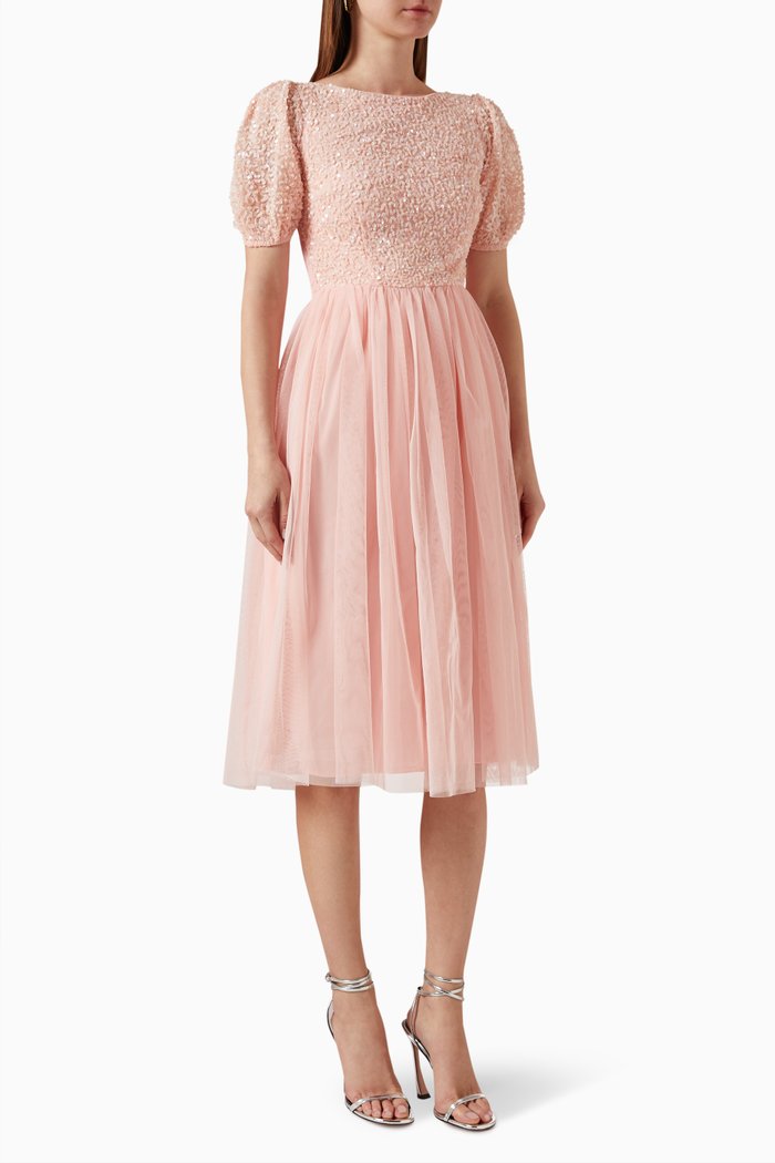 

Puff-sleeve Embellished Midi Dress in Tulle, Pink