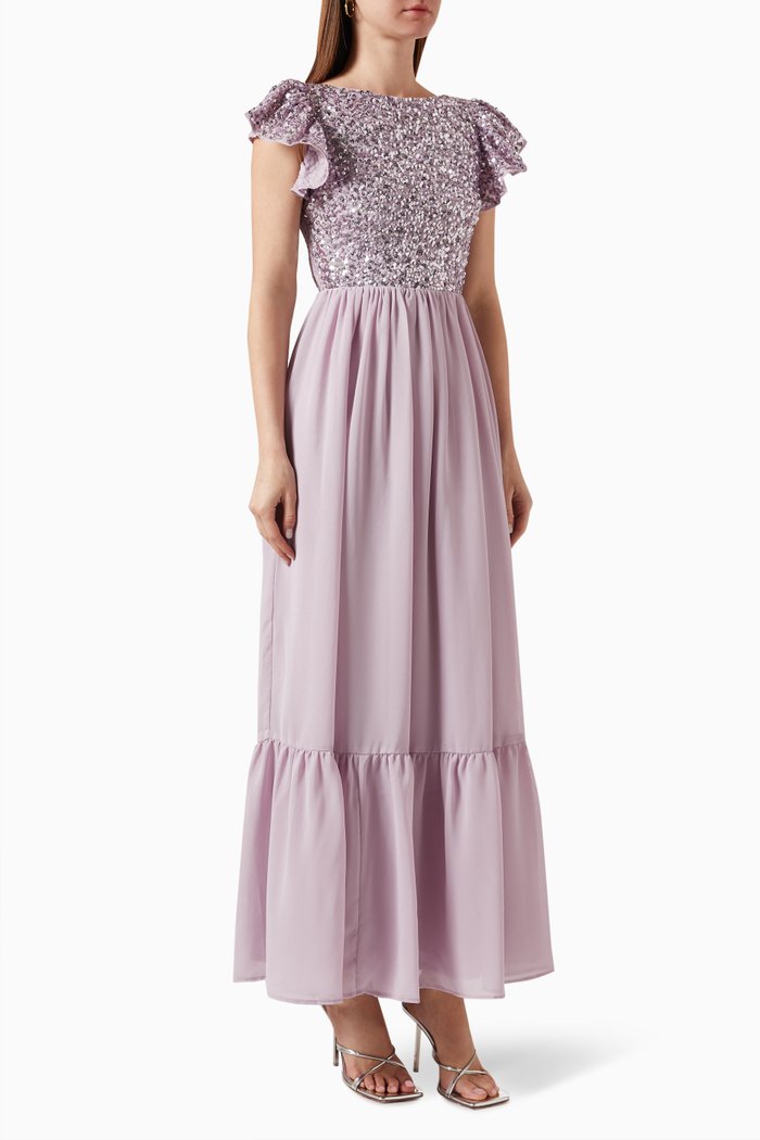 Flutter-sleeve Embellished Maxi Dress, Purple