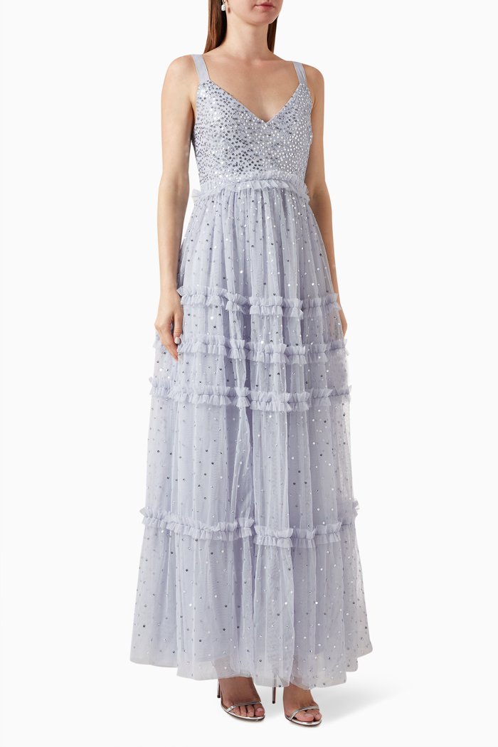 

Sequin-embellished Maxi Dress in Tulle, Blue