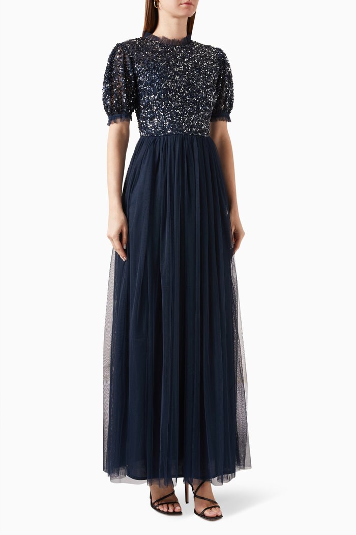 

Puff-sleeve Embellished Maxi Dress in Tulle, Blue