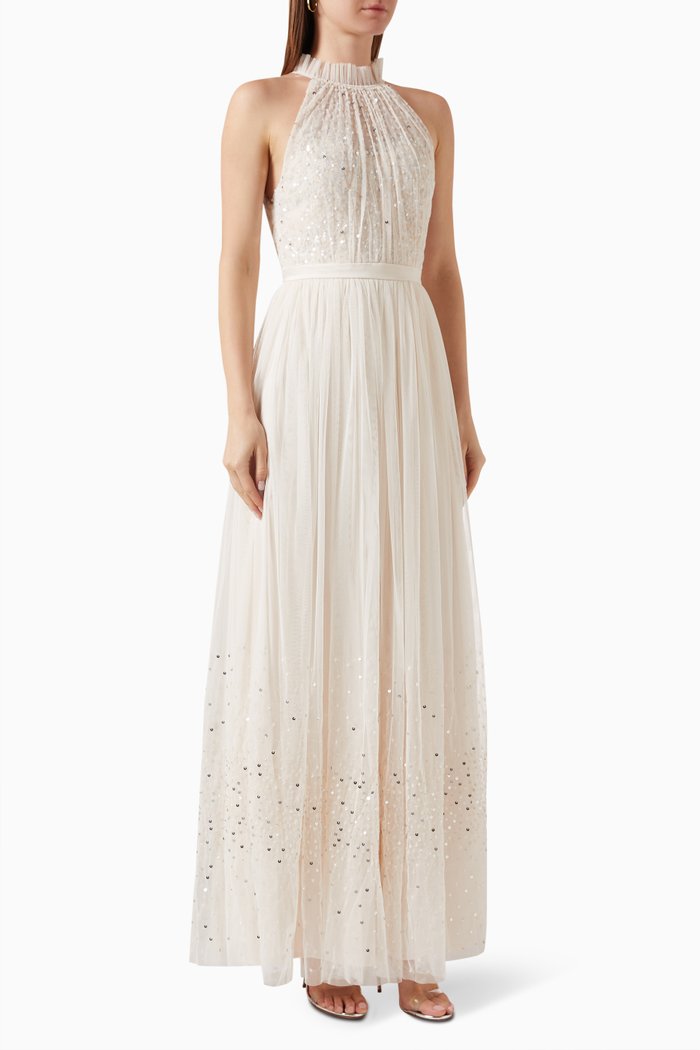 Embellished Halter Maxi Dress in Tulle, Pink