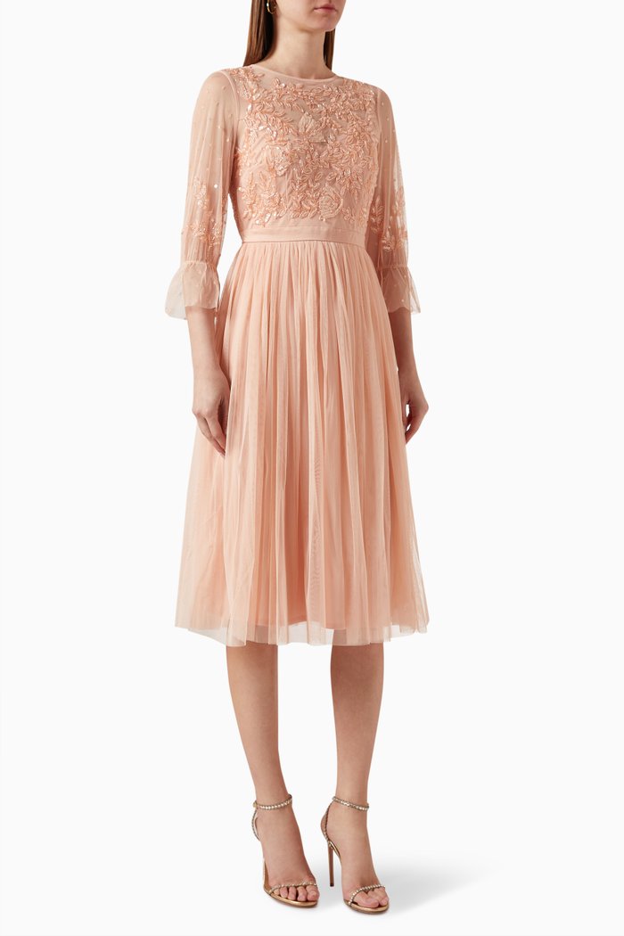 

Floral Sequin-embellished Midi Dress in Tulle, Pink