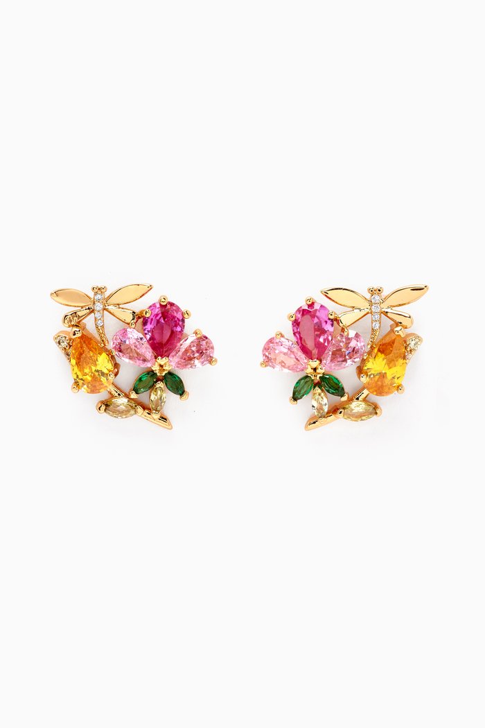 

Dragonfly & Tulip Cluster Studs in Gold-plated Brass, Multicolour