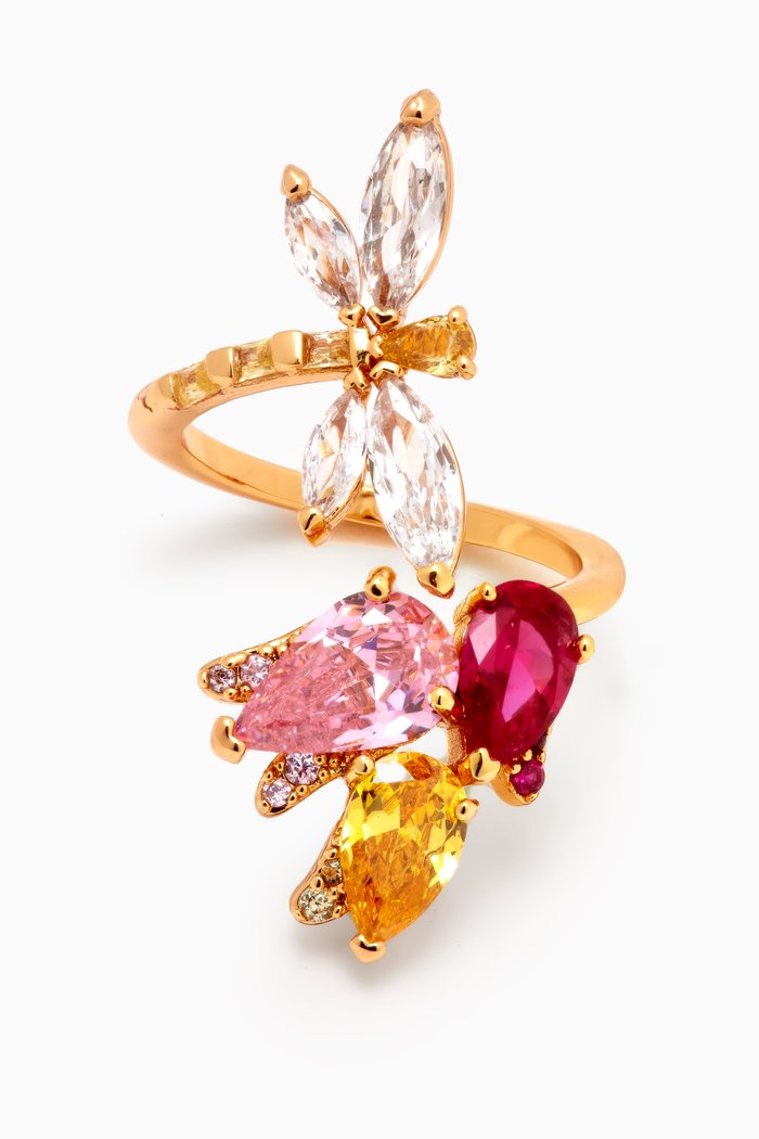 

Dragonfly & Tulip Wrap Ring in Gold-plated Brass, Multicolour