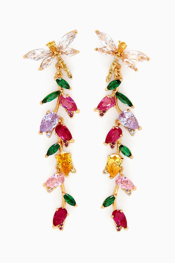 

Dragonfly & Tulip Drop Earrings in Gold-plated Brass, Multicolour