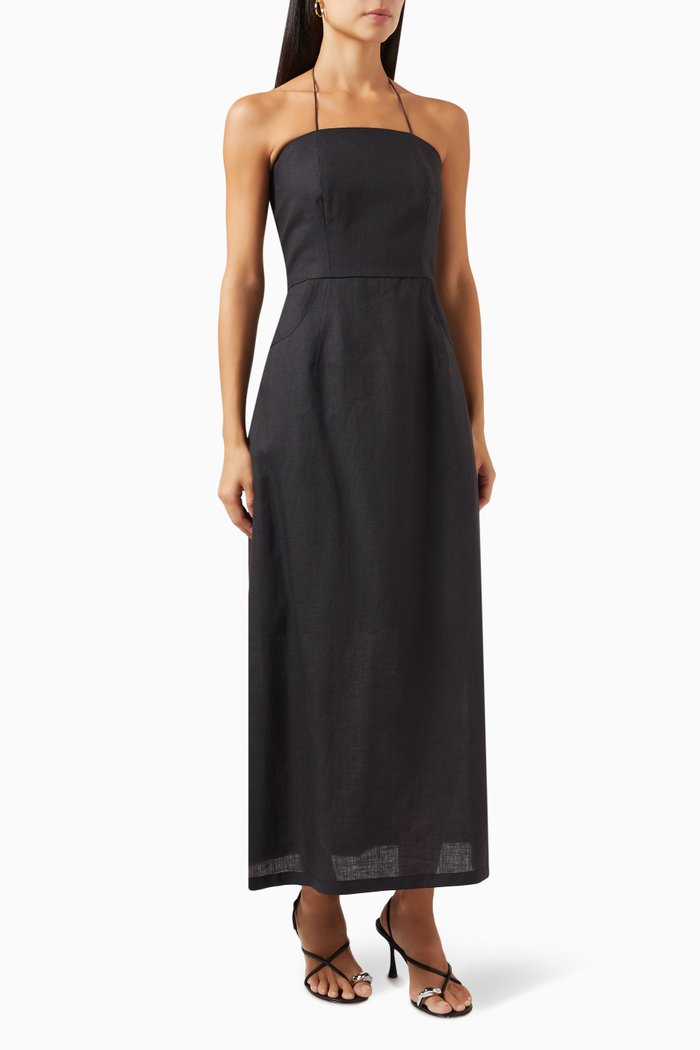 

Coraline Halter Maxi Dress in Linen, Black