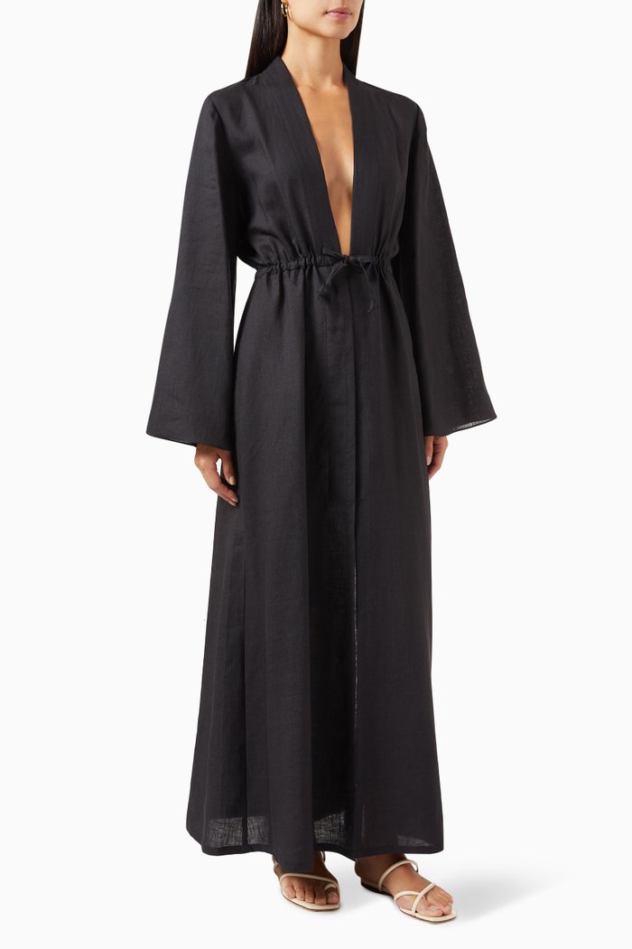 

Kiera Plunge-neck Maxi Dress in Linen, Black