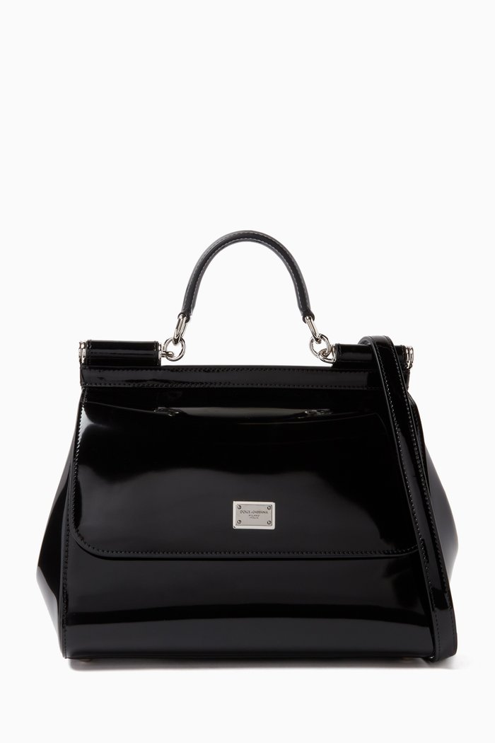 

x KIM Medium Sicily Top-handle Bag in Polished Calfskin, Black