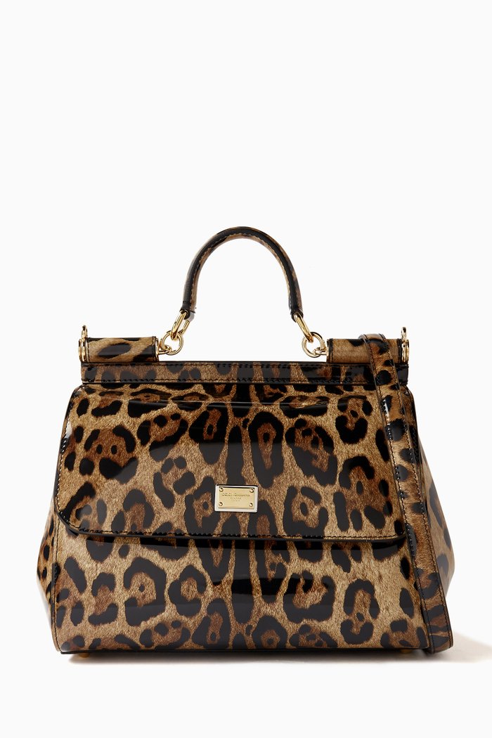 

x KIM Medium Sicily Bag in Leopard-print Polished Leather, Brown