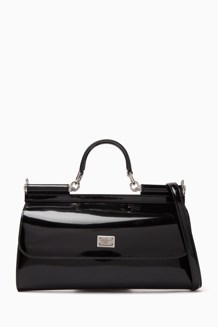

x KIM Medium Sicily E/W Flat Bag in Polished Leather, Black