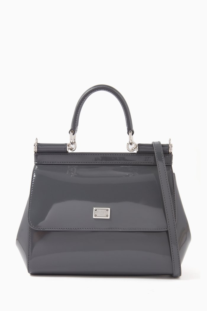 Small Sicily Top-handle Bag in Patent Leather, Grey