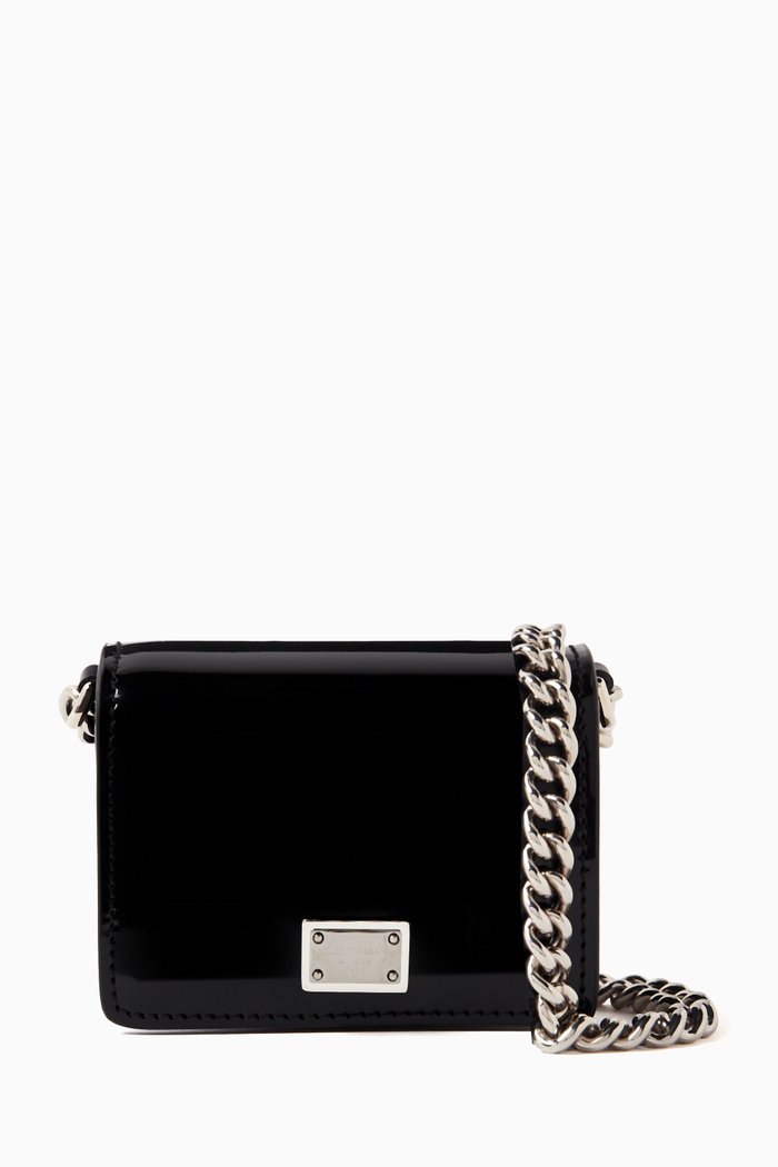 

Plaque Logo Wallet on Chain in Leather, Black