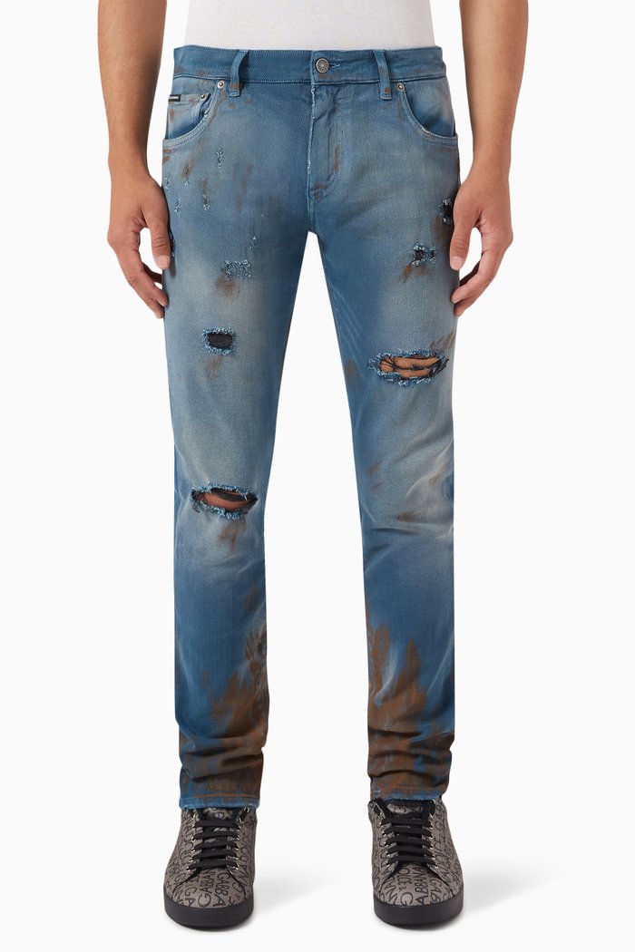 

Logo Plaque Distressed Jeans in Stretch Denim, Blue