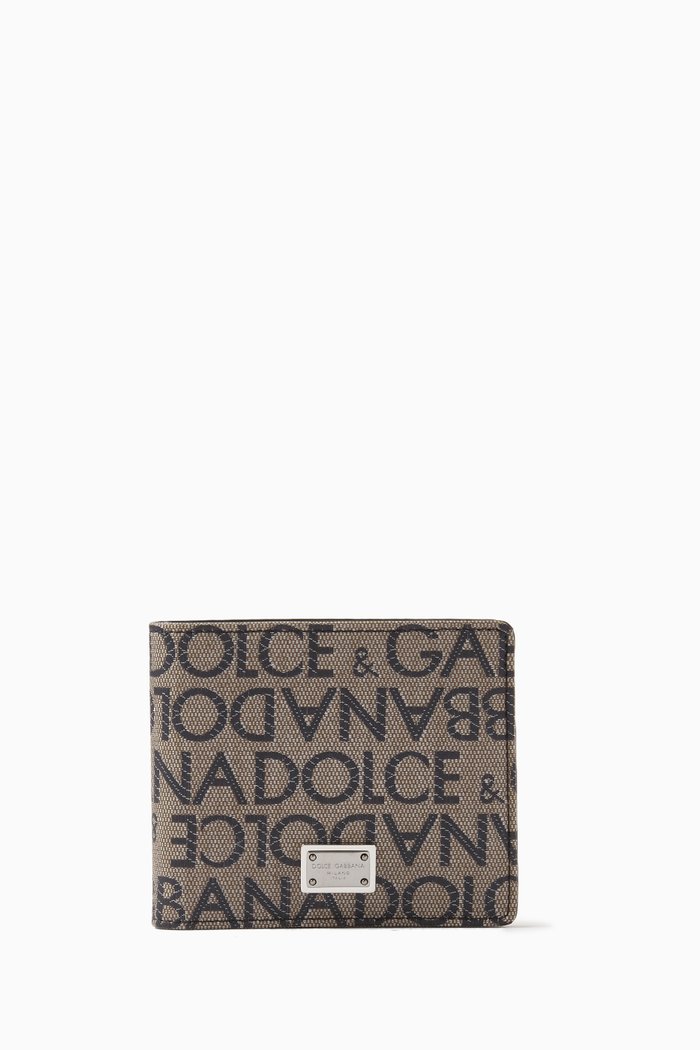 

All-over Logo Jacquard Bi-fold Wallet in Coated-canvas & Leather, Brown