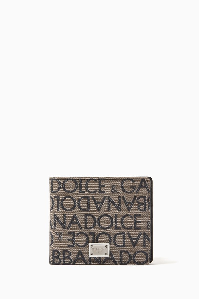 

All-over Logo Jacquard Bi-fold Wallet in Canvas & Leather, Brown