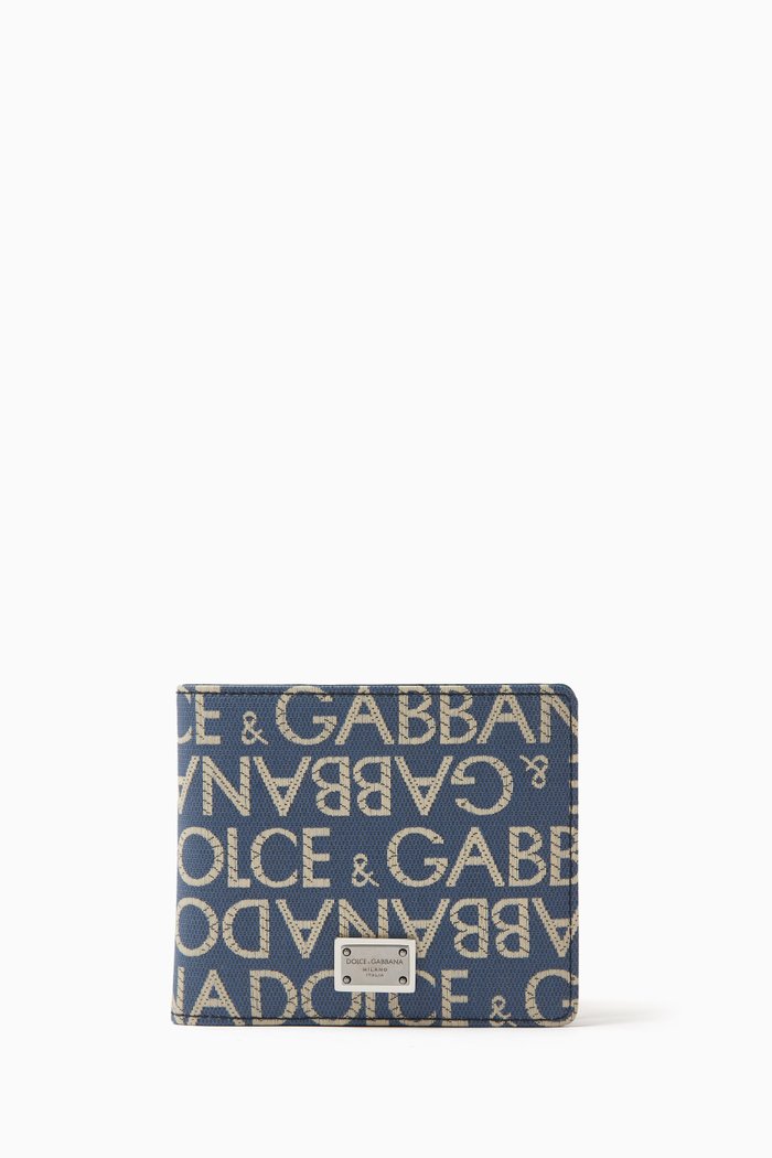 

All-over Logo Jacquard Bi-fold Wallet in Canvas & Leather, Blue