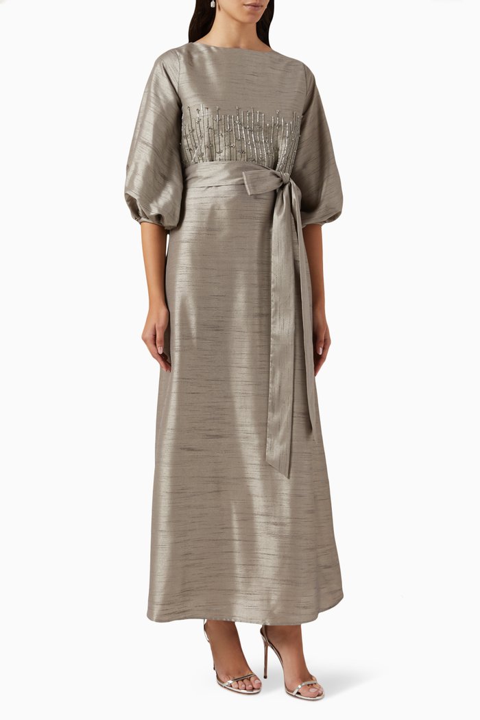 

Embellished Maxi Dress in Raw Silk, Grey
