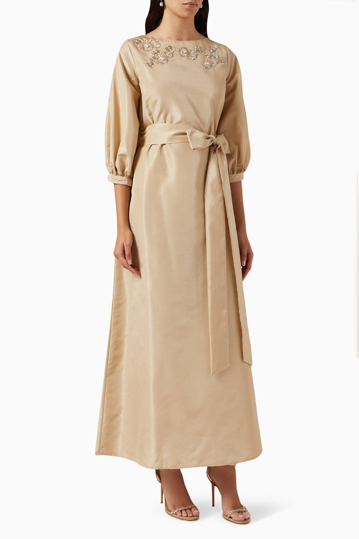 

Bead-embellished A-line Maxi Dress in Raw Silk, Neutral