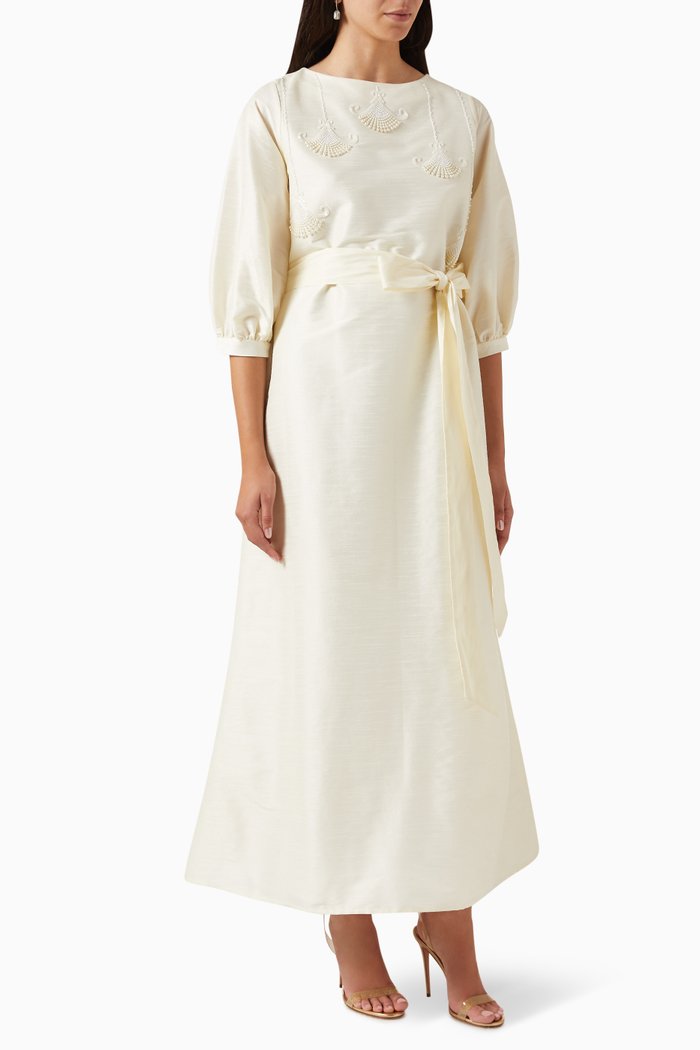 

Belted Balloon-sleeve Maxi Dress in Silk, White