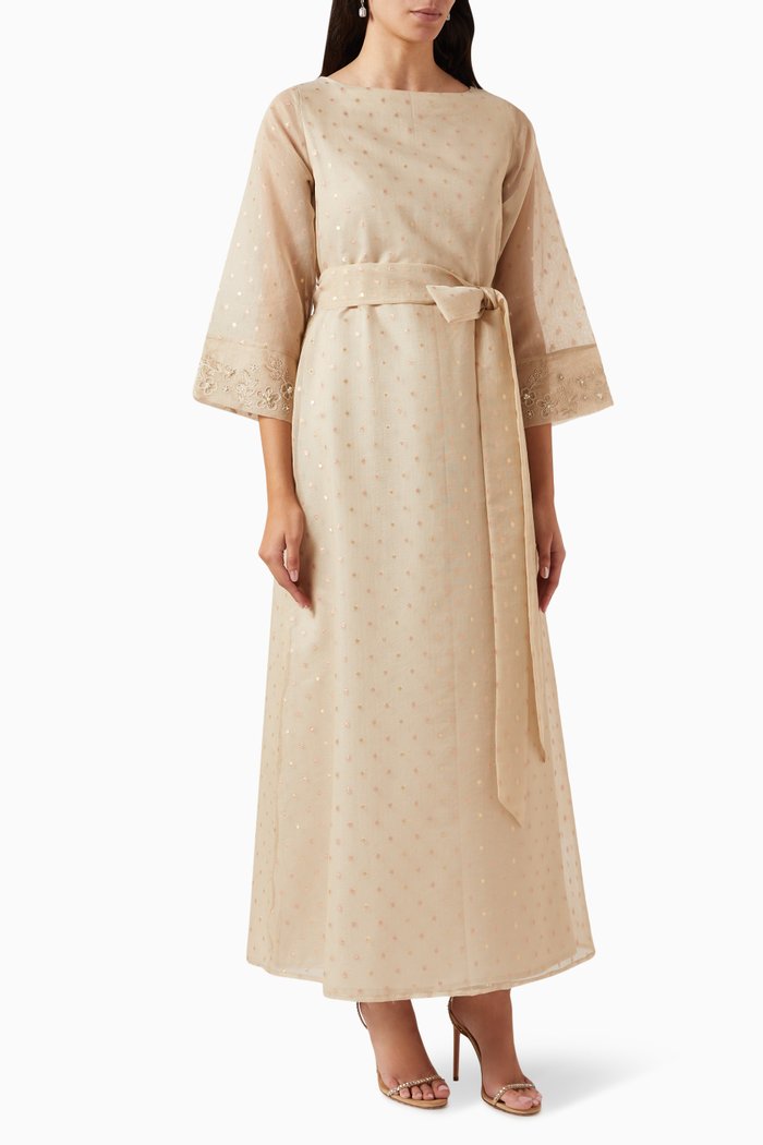 Belted Embellished Maxi Dress in Organza, Neutral