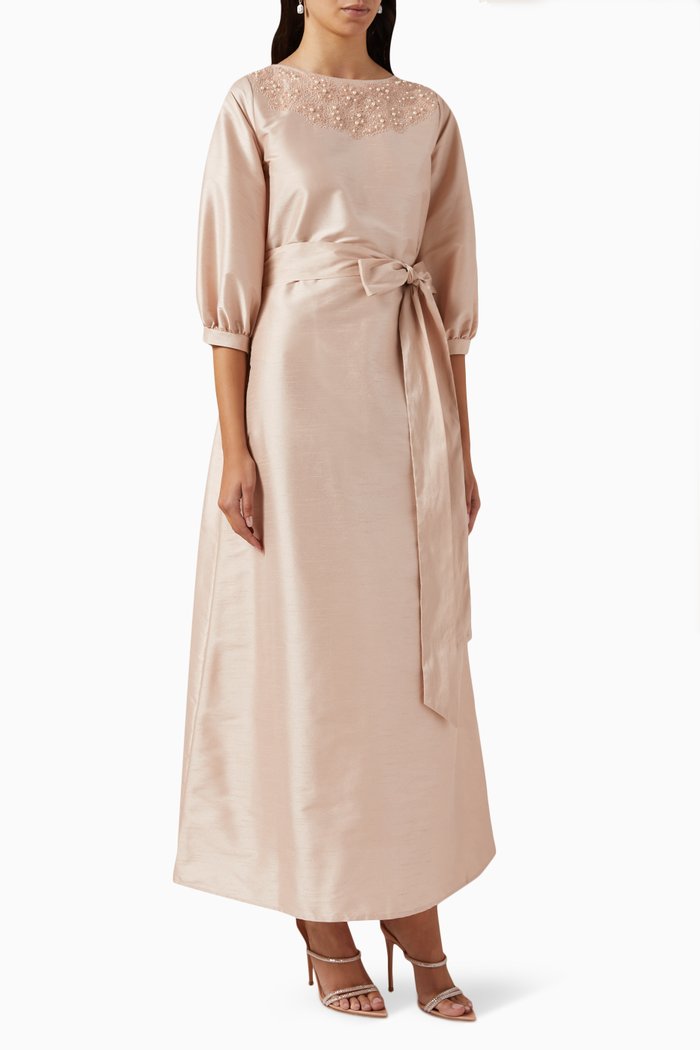 

Bead-embellished A-line Maxi Dress in Raw Silk, Pink
