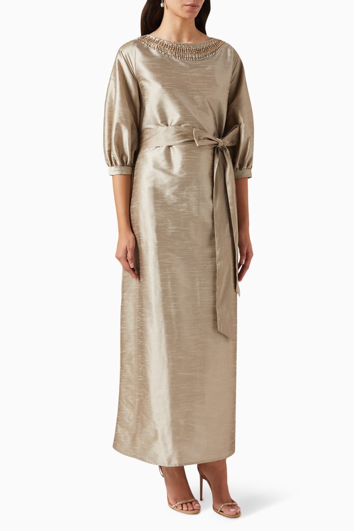 

Beaded Maxi Dress in Silk, Brown