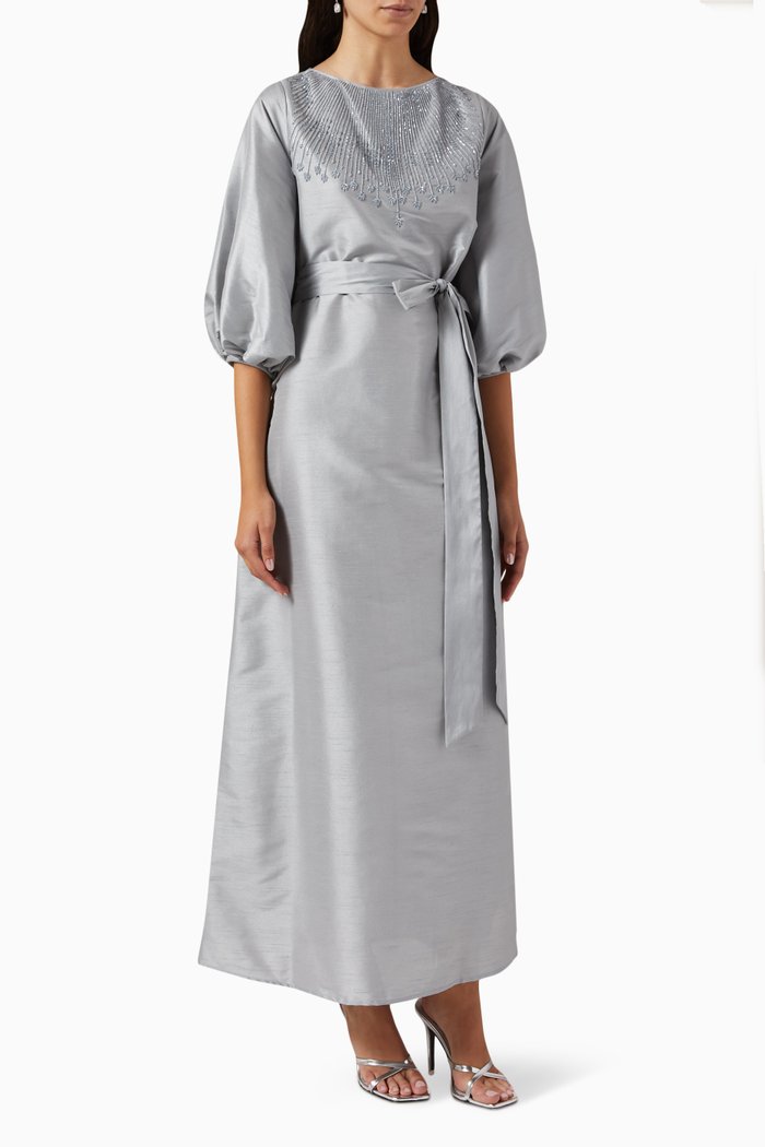 

Bead-embellished A-line Maxi Dress in Raw Silk, Blue