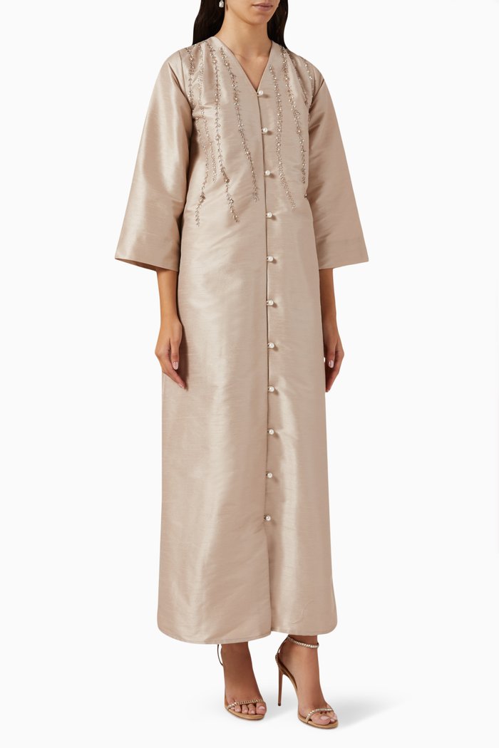 

Bead-embellished Straight-cut Maxi Dress in Raw Silk, Neutral