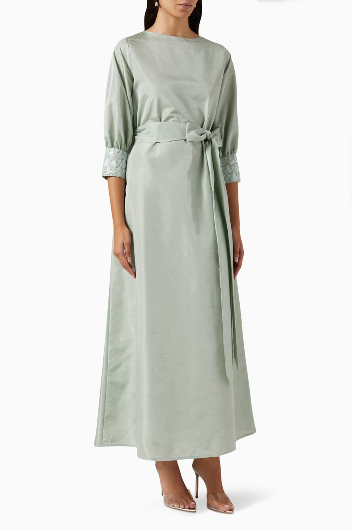 

Bead-embellished A-line Maxi Dress in Raw Silk, Green