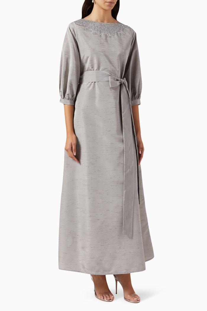 Bead-embellished A-line Maxi Dress in Raw Silk, Grey