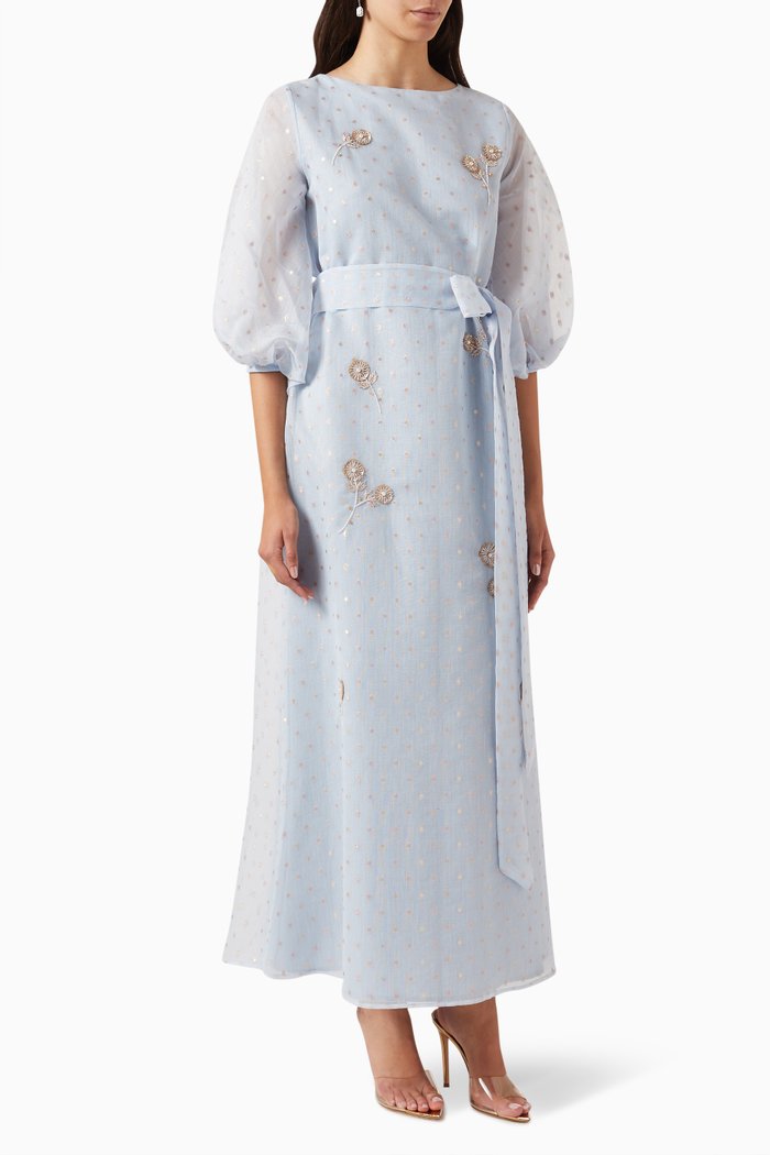 

Floral-embellished Maxi Dress in Organza, Blue