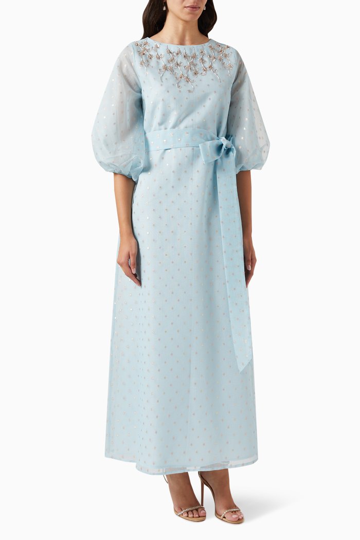 

Beaded Balloon-sleeve Maxi Dress in Organza, Blue