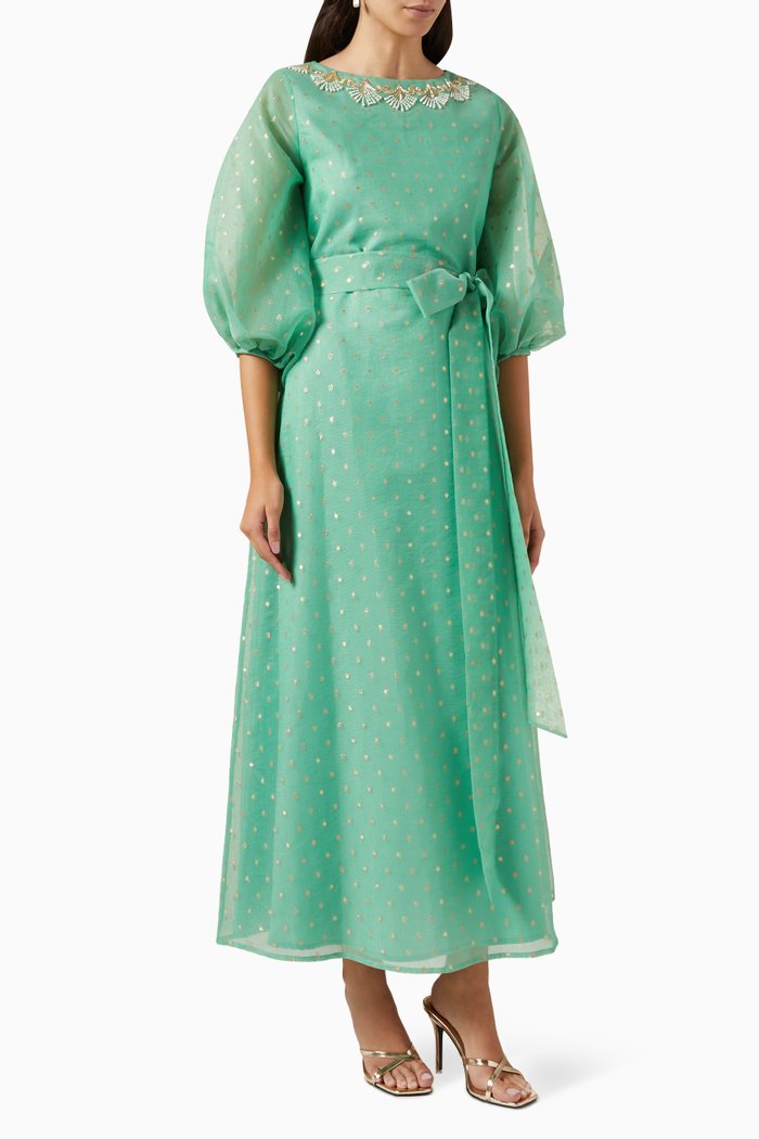 

Bead-embellished A-line Maxi Dress in Organza, Green