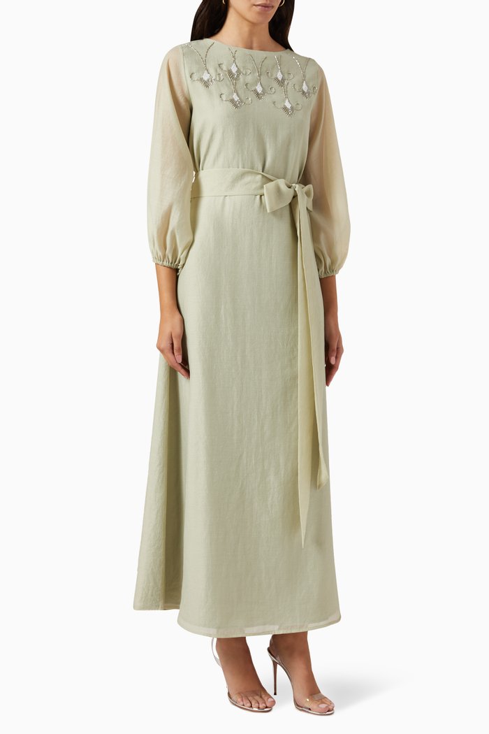 

Bead-embellished A-line Maxi Dress in Organza, Green