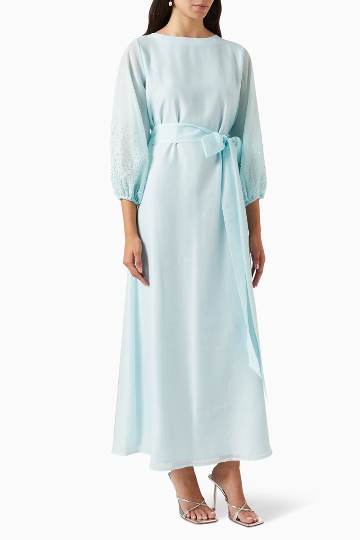 

Beaded Balloon-sleeve Maxi Dress in Organza, Blue