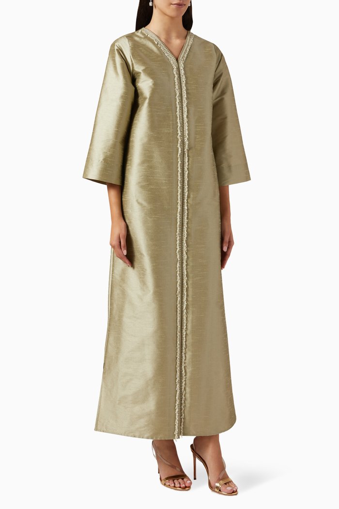 

Bead-embellished Straight-cut Maxi Dress in Raw Silk, Green