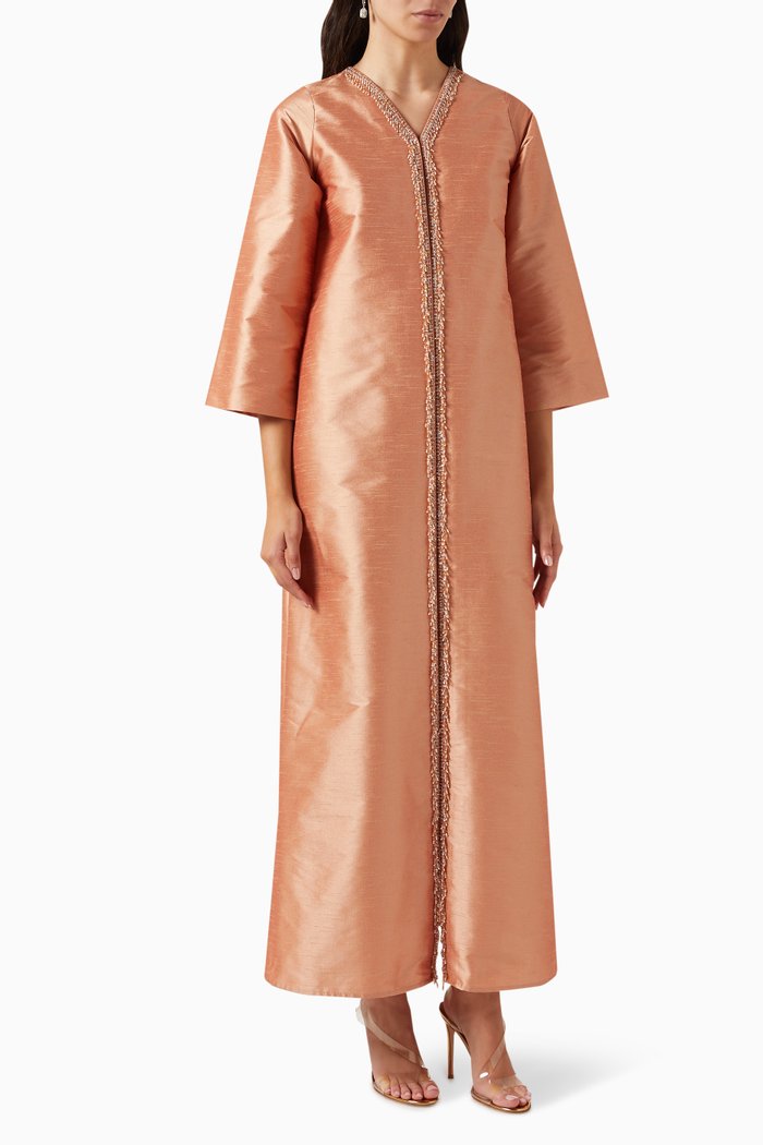 Beaded Wide-sleeved Maxi Dress in Silk, Orange