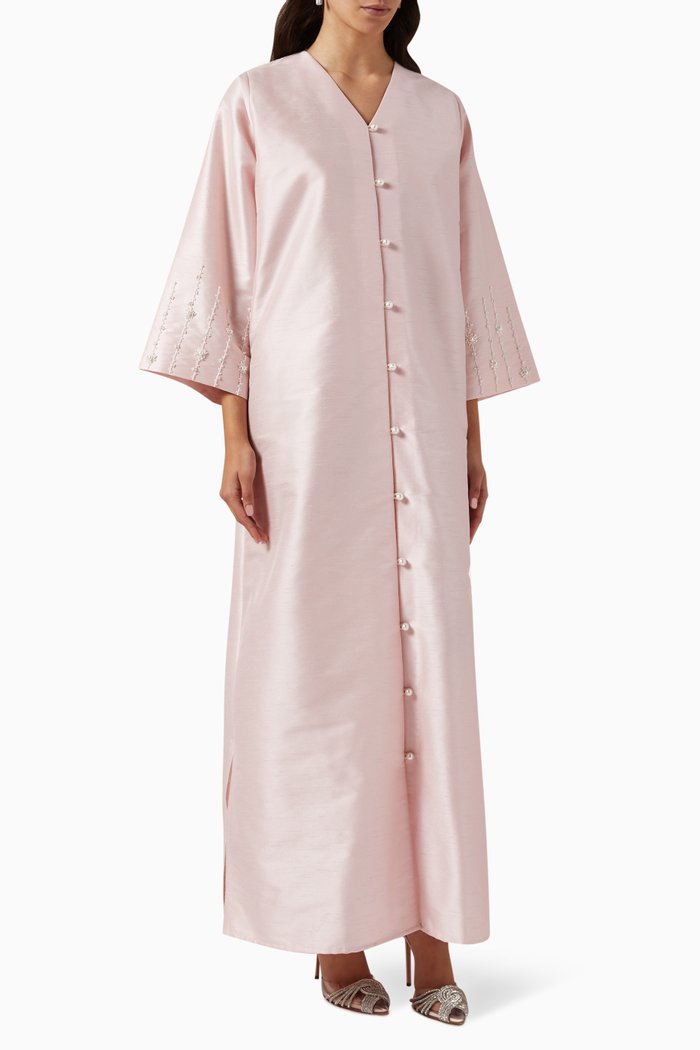 

Bead-embellished Straight-cut Maxi Dress in Raw Silk, Pink