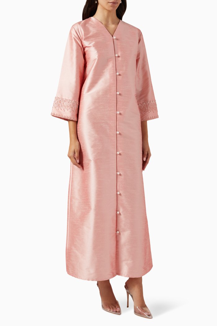 

Bead-embellished Straight-cut Maxi Dress in Raw Silk, Pink