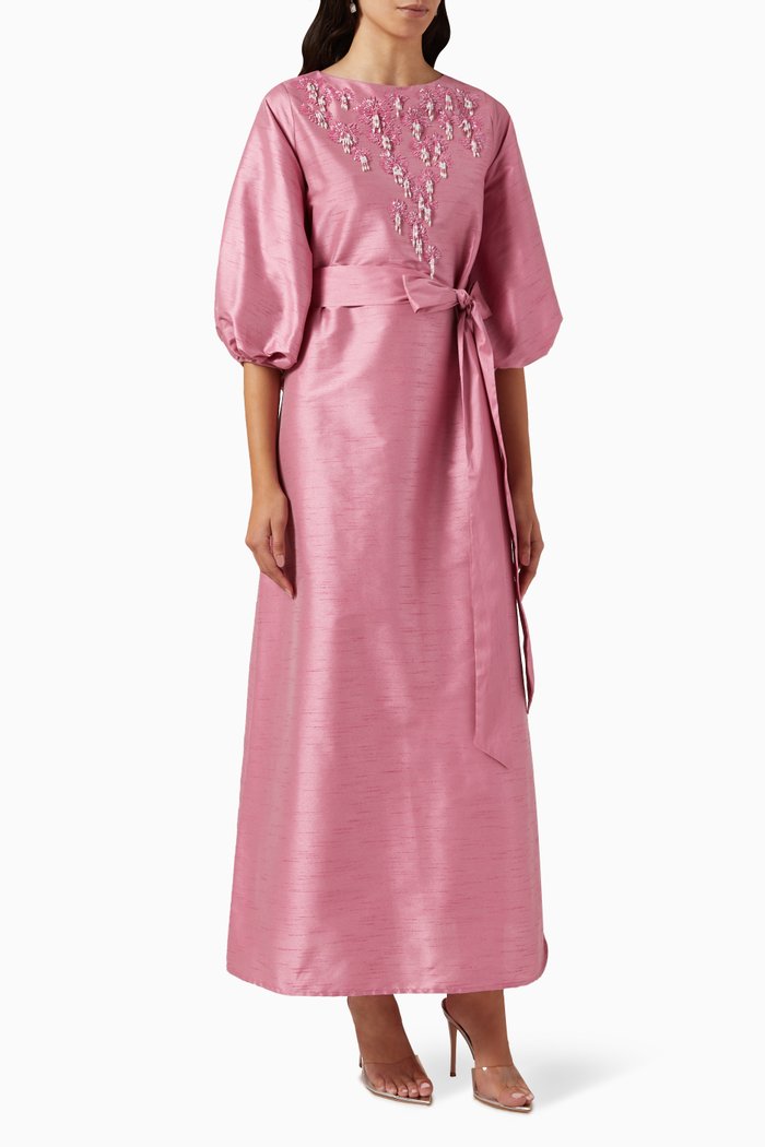 

Bead-embellished A-line Maxi Dress in Raw Silk, Pink