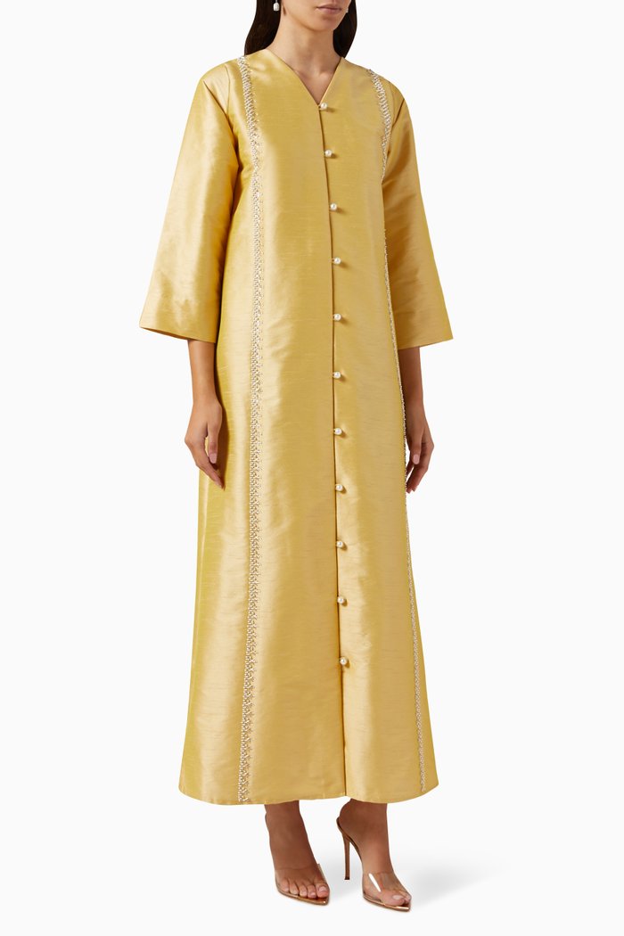 

Bead-embellished Straight-cut Maxi Dress in Raw Silk, Gold