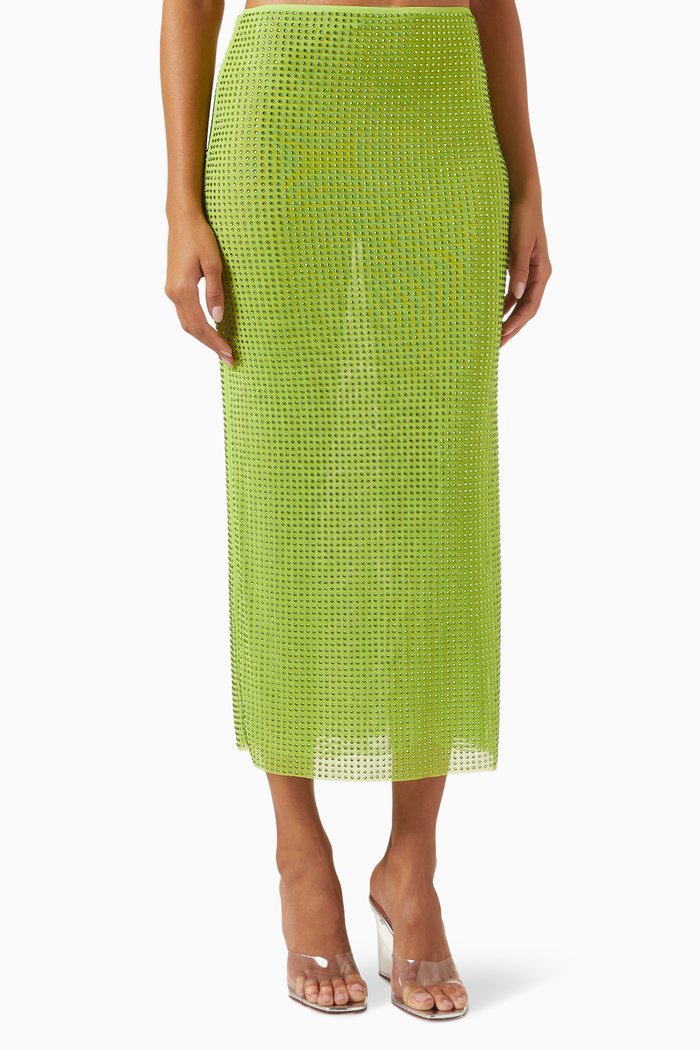 

Rhinestone Mesh Midi Skirt, Green