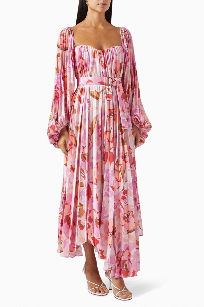 

Lothair Floral-print Pleated Midi Dress in Satin, Pink